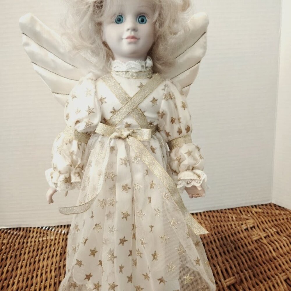 Avon Tender Memories Porcelain Doll First School Play 14" Angel w/Stand Gold